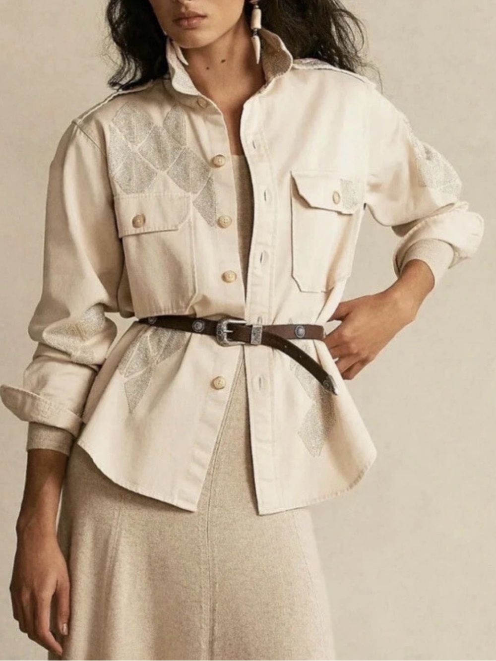 Ralph Lauren Women’s Beaded Long Sleeve Button Up Shirt Jacket L Embellished